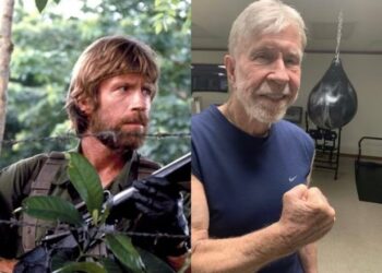 Chuck Norris em cena de filme e em imagem recente comparativa