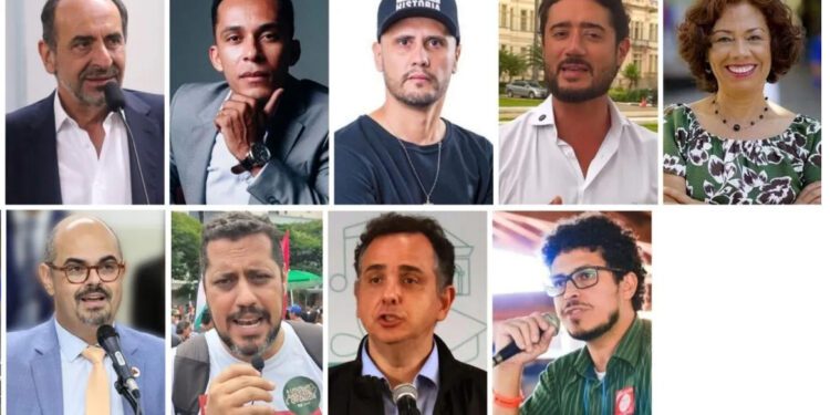 Pré-candidatos ao governo de Minas Gerais nas eleições de 2026 reunidos em montagem com principais nomes da disputa