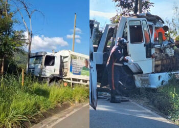 Caminhões envolvidos em acidente no acesso ao aterro sanitário de Itabira durante atendimento do Corpo de Bombeiros