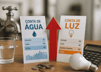 Torneira com água pingando e lâmpada ao lado de contas representando aumento nas despesas de água e luz