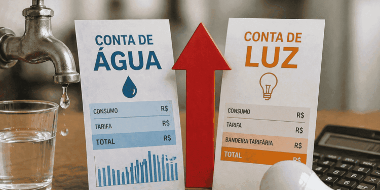 Torneira com água pingando e lâmpada ao lado de contas representando aumento nas despesas de água e luz