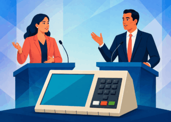 Ilustração de debate político com dois candidatos e urna eletrônica ao centro