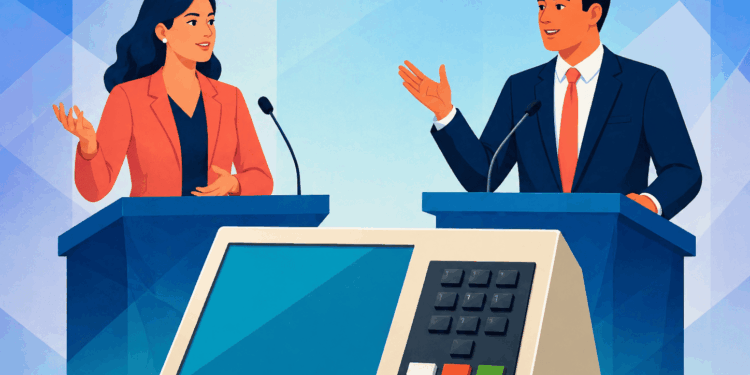 Ilustração de debate político com dois candidatos e urna eletrônica ao centro