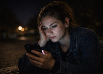 Mulher olha celular à noite com expressão de cansaço mental em imagem sobre excesso de notícias e vídeos curtos