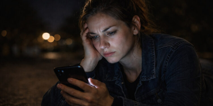 Mulher olha celular à noite com expressão de cansaço mental em imagem sobre excesso de notícias e vídeos curtos