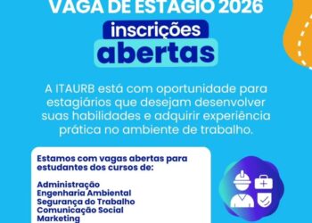 Card informativo da Itaurb sobre vagas de estágio 2026 em Itabira para Administração, Engenharia Ambiental, Segurança do Trabalho, Comunicação Social e Marketing.