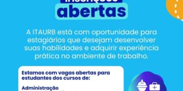 Card informativo da Itaurb sobre vagas de estágio 2026 em Itabira para Administração, Engenharia Ambiental, Segurança do Trabalho, Comunicação Social e Marketing.