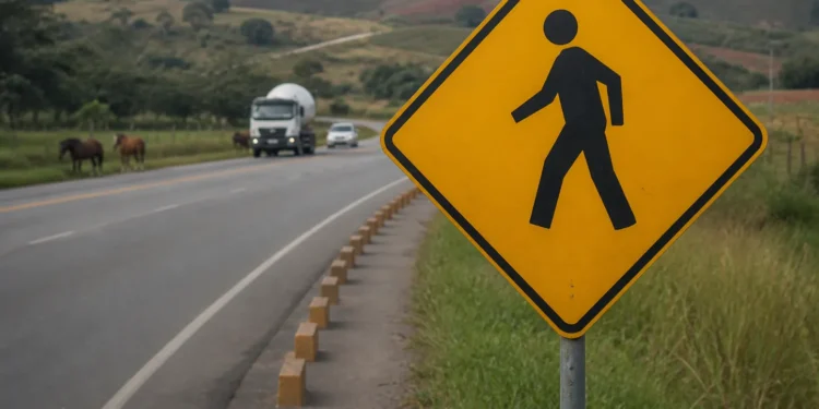 Placa de travessia de pedestres em rodovia com veículos ao fundo; imagem ilustra alerta do Maio Amarelo em Itabira sobre segurança no trânsito